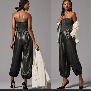 Anthropologie Strapless Smocked Faux-Leather Jumpsuit in Black